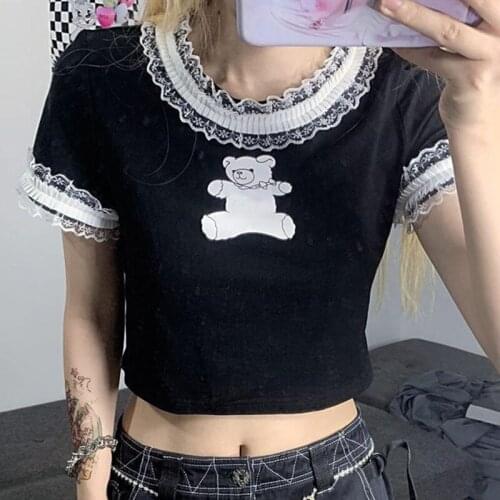 Super Chic Lace Collar Retro Bear Mini T Shirts Women Sexy Crop Tops 2021 Summer New Goth Tshirts Harajuku Teens Girls Kawaii