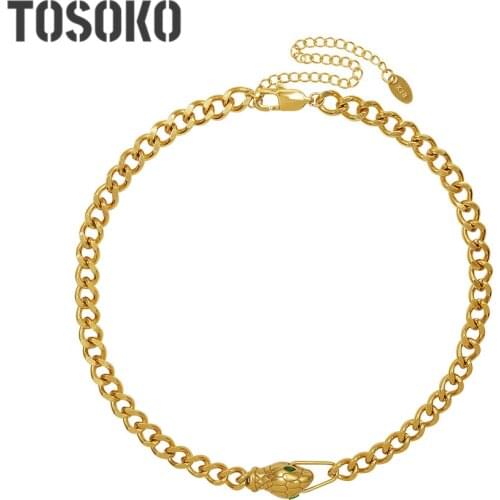 TOSOKO Stainless Steel Jewelry Snake Head Green Zircon Necklace Bracelet Womens Fashion Collar Bracelet BSP1049-BSE248