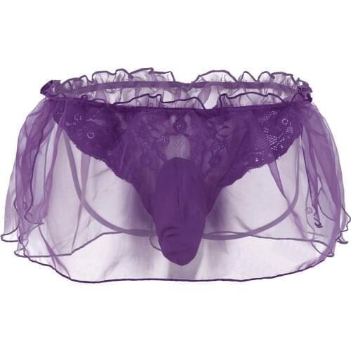 Mens Briefs Sissy Pouch Panties Lace Flower Organza See Through Skirted Mooning Underwear Thong String Homme Sissy Panties