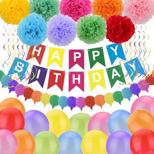 Happy Birthday Party Decoration Supplies Paper Banner Pom Pom Balloon for Sweet Kids Adult Room Decor Set