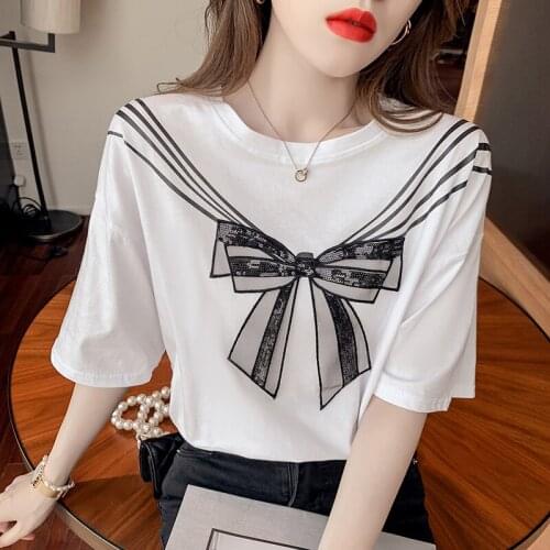 Summer T Shirt Women 2021 New Fashion Good Build Sequined Bow Round Collar Short Sleeve T-shirt Female Tee Tshirts SZH65830