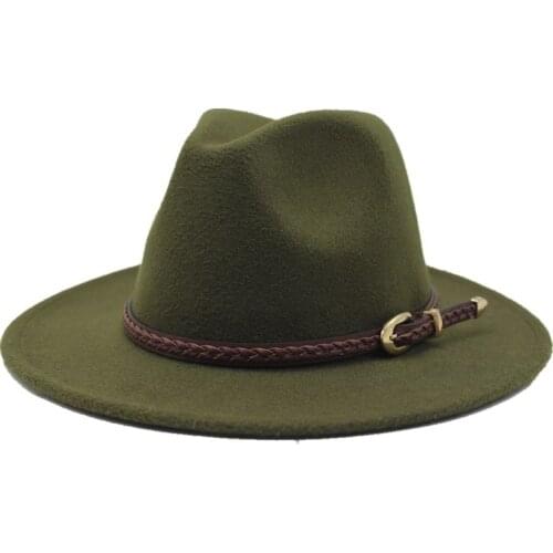 Seioum Fedoras Hats For Women Wide Brim Felt Hat Ladies Tweed Army Green Jazz Cap Female Winter Elegant Pork Pie Hat 14colors