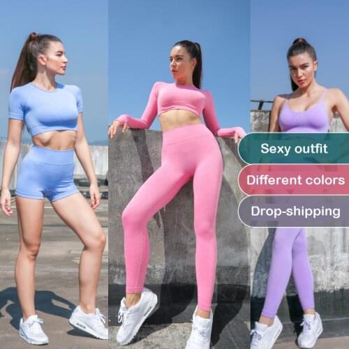 Womens Yoga Sets Fitness Suit Seamless Sports Tracksuit Gym Bra Long Sleeve Crop Top High Waist Legging Pink Workout Clothes