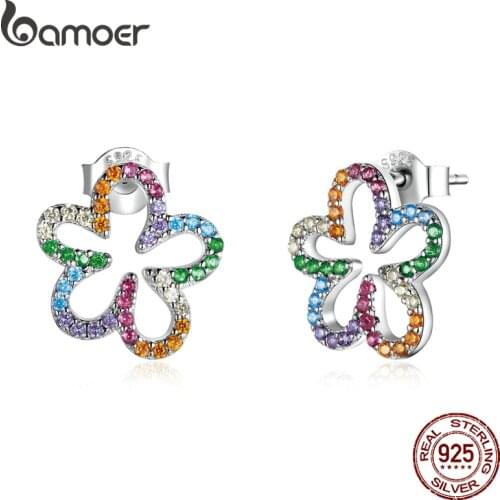 Bamoer Silver Seven-Colored Earrings 100% 925 Sterling Silver Lucky Rainbow Color CZ Earring for Women Fashion Jewelry BSE487