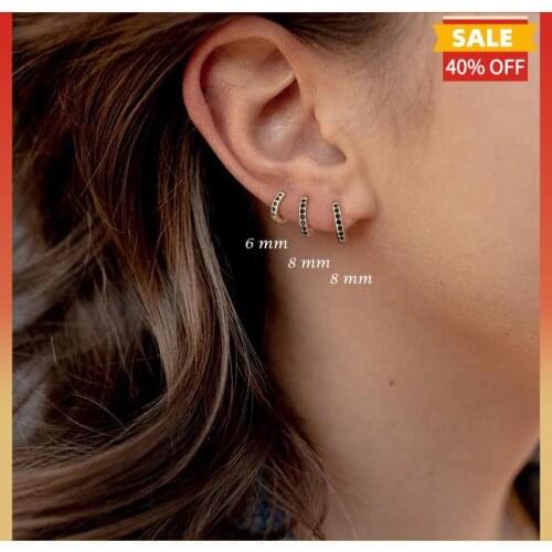 925 Sterling Silver Black Zircon Crystals Hoop Earrings for Women Punk Classic Earing Oorbellen Small Circle Hoop Earring Huggie