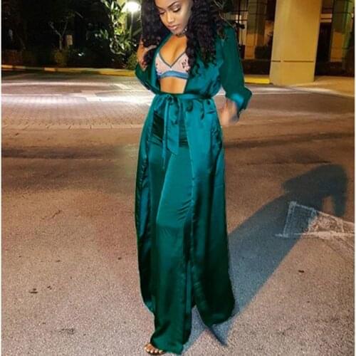 ANJAMANOR Satin Silk Sexy Club Two Piece Set Party Outfits Long Sleeve Cardigan Wide Leg Pants Plus Size Matching Sets D37-AH07