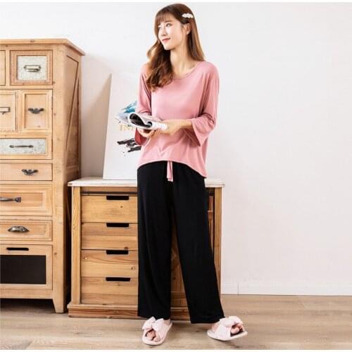 2021 Spring Summer Pajamas Womens Home Wear Nightwear Wide Leg Pants Fashion Casual Pure Contrast Cotton Home Suit Sleepwear