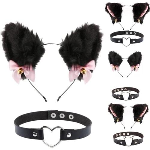 Cat Velvet Bell Plush Furry Ears Headpiece Choker Necklace for Festival Cosplay Party Necklace Hairhoop Accessories Jy06 21