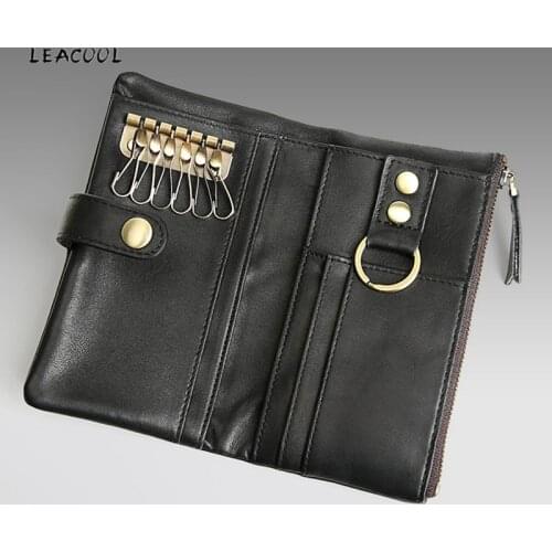 100% Genuine Leather Man Key Wallet High Capacity Cowhide ID Card Holder Multi-function Zipper Car Keychain Cover for Gifts