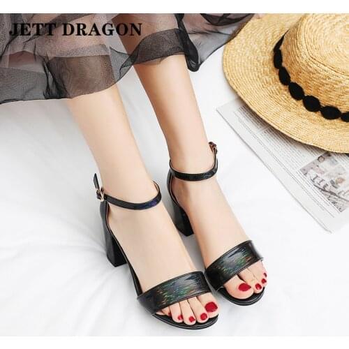 JETT DRAGON Rhinestone Drop High Heels Sandals Women Summer Shoes Women Fashion Buckle Strap Square Heel White Open Toe Sandals