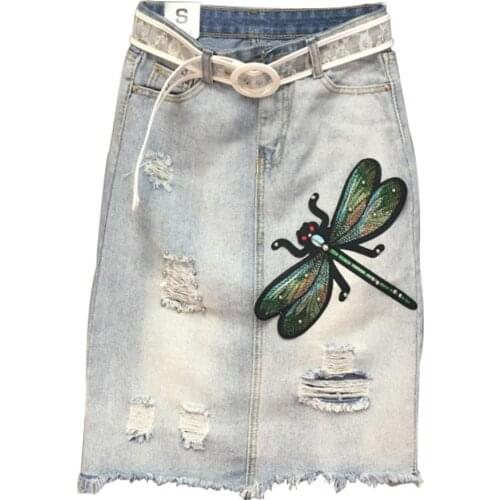 Plus size 2XL Fashion denim skirt handmade beaing skirt dragonfly pattern step hole package hip jeans a-line skirt