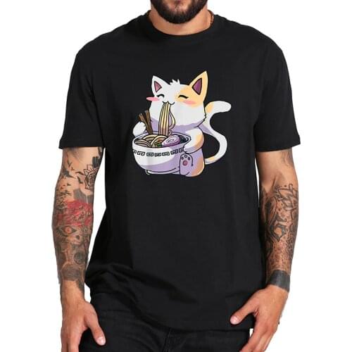 Ramen T-Shirt Cat Tshirt Kawaii Anime Tee Japanese Gift T Shirt Tops Cartoon Graphic EU Size 100% Cotton