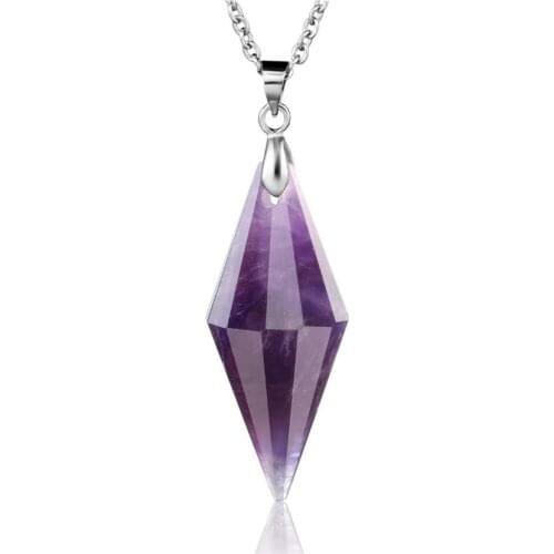 FYJS Unique Silver Plated Geometric Pyramid Amethysts Stone Pendant Link Chain Necklace Black Agates Jewelry