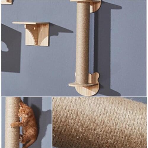 Wall-Mounted Cat Scratching Post Solid Wooden Platform With Hemp Rope Column Cat Toy Scratcher Scratching Board