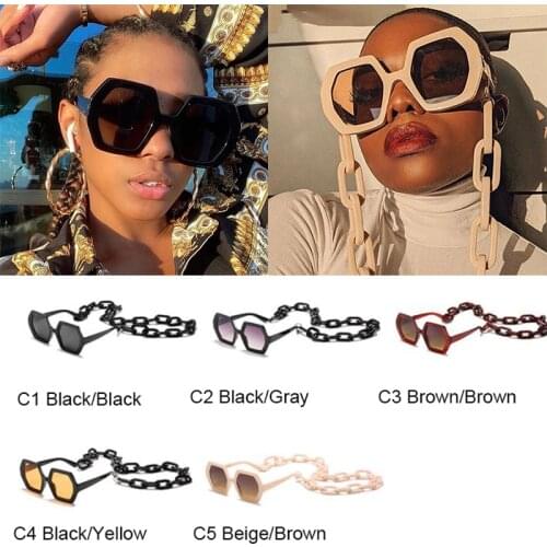 Wholesale Oversized Shades Womens Irregular Square Sunglasses Chain Trendy Brand Pearl White Frame Bulk Sun Glasses Men 2020