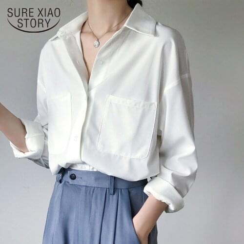 Autumn OL Style White Shirts for Women Turn-down Collar Pockets Women Blouse Tops Elegant Workwear Female Tops Blusa Chic 11296