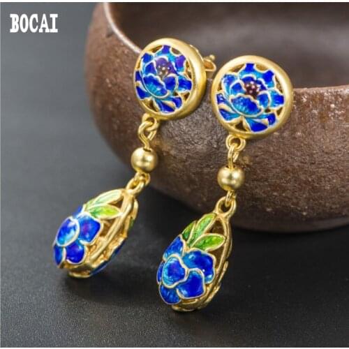 New 925 sterling silver gold earrings lotus enamel roasted blue earrings