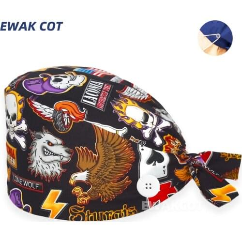 Cartoon Print Scrub Cap Working Hat Women Men 100% Cotton Tieback Inner Forehead Towel Plastic Beautician Chef Cooking Caps