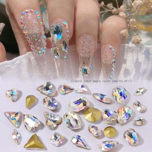 10pcs Super Shiny Crystal AB Nail Diamonds 3D Sharp Bottom Heart Waterdrop Triangle Glass Nail Art Rhinestone Glitter Decoration