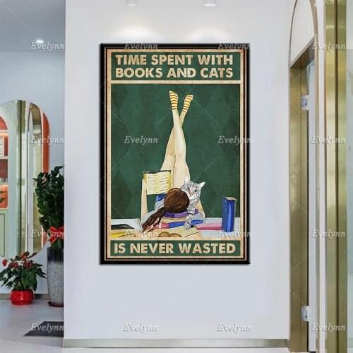 Girl Time Spent With Books And Cats Is Never Wasted Funny Retro Poster Cat And Book Lovers Wall Art Print Home Decor Canvas