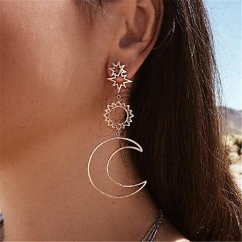 Bohemian Retro Fashion Sun Moon Asymmetric Exaggerated Long Pendant Statement Earrings For Women Beach Party Jewelry Brincos