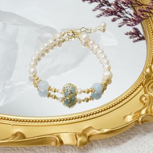 New Arrival Simple Natural Freshwater Pearls Sky Blue Stained Stone Lucky Beaded Bracelets for Women Fashion Jewelry YBR481