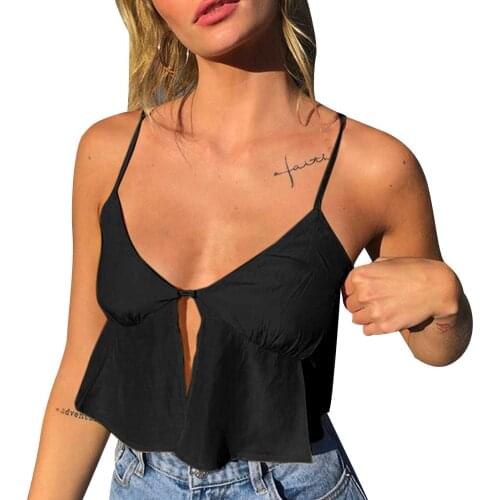 Y2K Aesthetic Yellow Top Sleeveless Spaghetti Strap Cami Cropped Women Button Up Ruffles V Neck Sexy Tanks Top 2021 Mini Vest