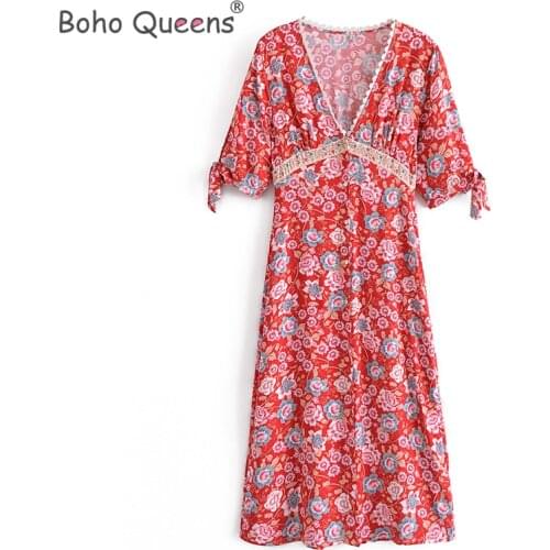 Boho Queens women floral print V-neck sashes Bohemian midi dress ladies sleeve Boho happie dresses vestidos