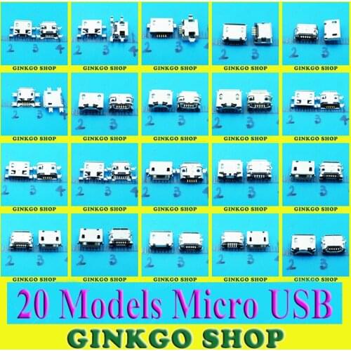 20Models 60pcs/lot Micro USB Connnector Jack 5P 5pin USB Charging Socket Connector Mix SMD DIP V8 Port Charging Data Plug