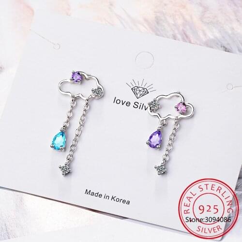 925 Sterling Silver Cute Asymmetric Cloud Earrings For Women Water Drop Tassel Earring brincos oorbellen S-E810