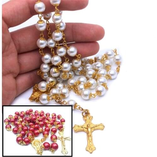 Virgin Mary Catholic Jesus Christ Religious Jewelry Women Glass Pearl Long Strand Rosary Necklace