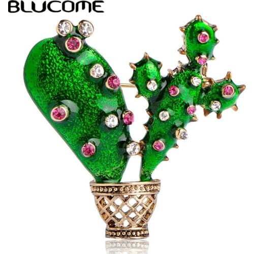 Blucome Green Enamel Cactus Brooch Kids Lady Crystal Plant Corsage Suit Scarf Dress Decoration Gold-color Jewelry Pins Bijoux