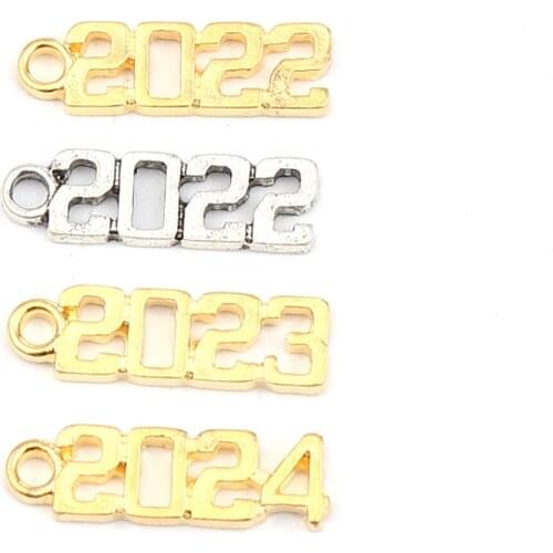 Doreen Box 50PCs Year Series Charms Pendants Ancient Silver Color Number Shape Zinc Alloy Pendant New Year Jewelry Making 20x6mm