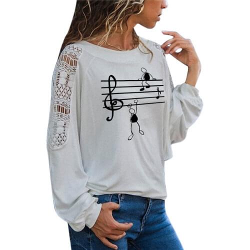 Music Notes Funny Printed T Shirt Women Autumn Animal Long Sleeve Tshirts Harajuku T-Shirt Girl Casual Large Size Loose Lace Top