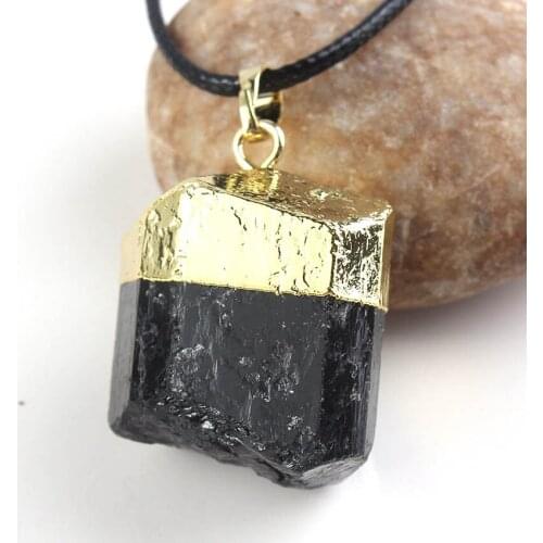 FYSL Light Yellow Gold Color Irregular Shape Black Tourmaline Stone Pendant Rope Chain Necklace Trendy Jewelry