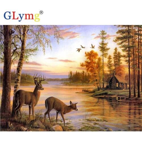 GLymg Needlework 5d Diy Deer Lake Scenery Diamond Painting Cross Stitch Full Square Rhinestones Embroidery Mosaic Gift Home