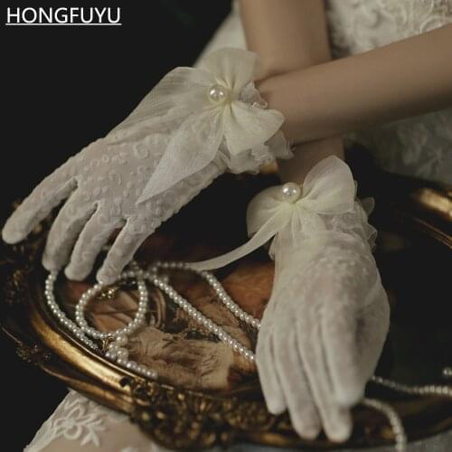 HONGFUYU White Short Wedding Gloves Lace Bowknot Women Finger Bridal Party Gloves with Pearls In Stock