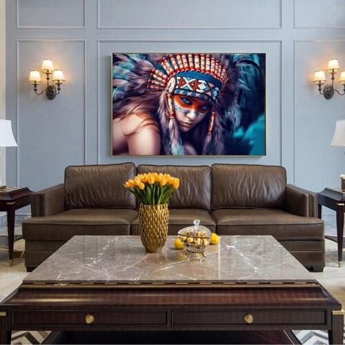 Indian Body Art Canvas Painting Girl With Feather Colorful Art Canvas Prints Portrait Of Indian Wall Picture For Living Room