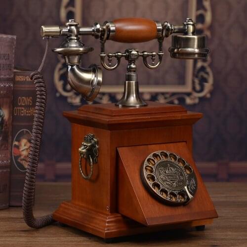 Classical Brand Old fashioned rotary solid wood fixed telephone vintage dial telephone (Red wood color/Coffee color)
