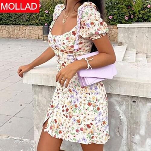 Cross-Border Summer 2021 New Off-Neck Puff Sleeve Slim-Fit Buttoned Temperament Skirt Dress