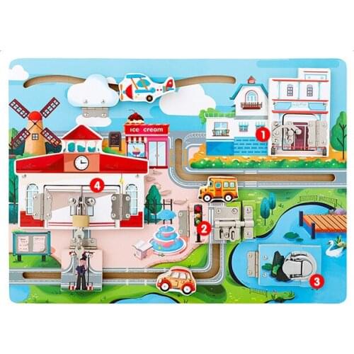 Montessori Materials Educational Wooden Toys For Children Ocean Cottage Car Unlocking Teaching Aids Board Funny Baby Senory Toy