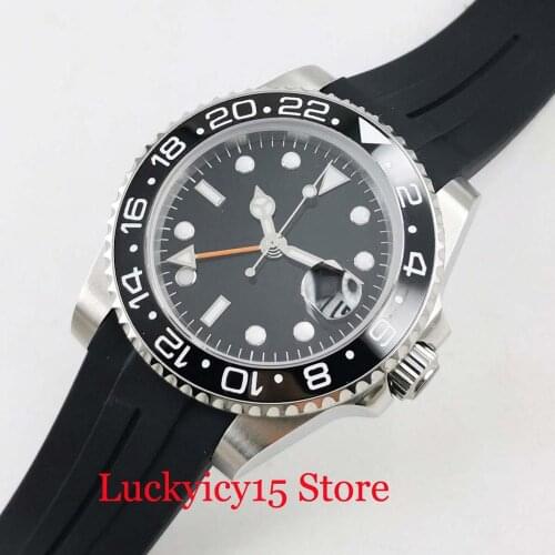 BLIGER Mechanical Mens Watch 40mm Black Dial Auto Date Window Orange GMT Hand Sapphire Crystal Rubber Strap Automatic Movement