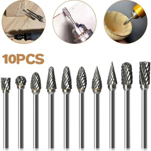 10PCS Tungsten Carbide Burr Set 1/8" Shank Double Cut Electric Grinder Rotary Tool Cutter For Carving Metalworking Milling