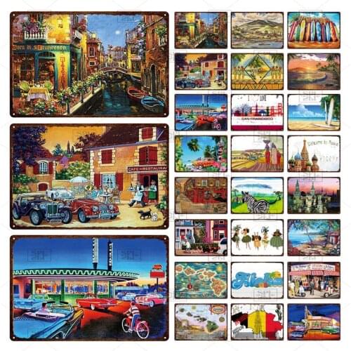 Custom Natural Scenery Architecture Summer Seaside Travel Surfing Retro Decorative Metal Plaque Tin Paint Anti-Fading Tin Sign