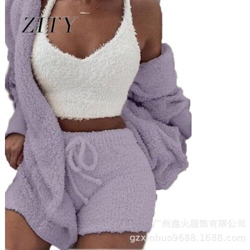 Winter Plush Home Service Three-Piece Sexy Fluffy Suit Womens Hooded Cardigan Jacket + Shorts + Crop Top Casual Sports Suit