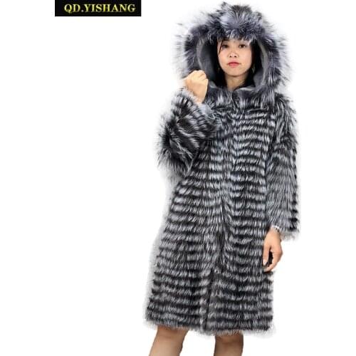 Real fur coat Fox fur coat women Winter warm fox fur hooded coat Long section Hooded QD.YISHANG