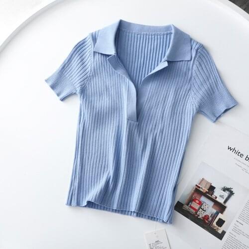 Crop Top Female Polo Shirts Summer Short Sleeve T-shirt Womens Vintage Clothes Ribbed Solid Slim Knit Top Cropped Tees V-neck