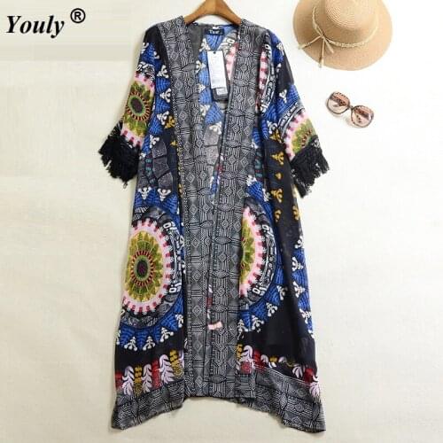 Vintage Tassel Sunscreen Long Blouse 2020 Women Hippie Boho Floral Printed Flower Blouses Ethnic Long Kimono Sexy Beach Cardigan