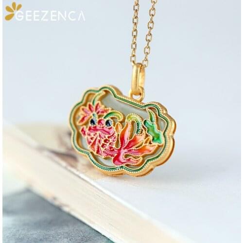 Vintage S925 Silver Gold Plated Hetian Jade Cloisonne Pendant Necklace For Women Lotus Goldfish Choker Necklaces Fine Jewel Gift
