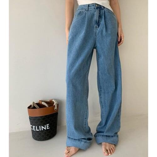 2021 Loose Wide Leg Jeans Trousers for Women Summer Ladies Straight Pantalon High Waist Button Female Denim Pants P167